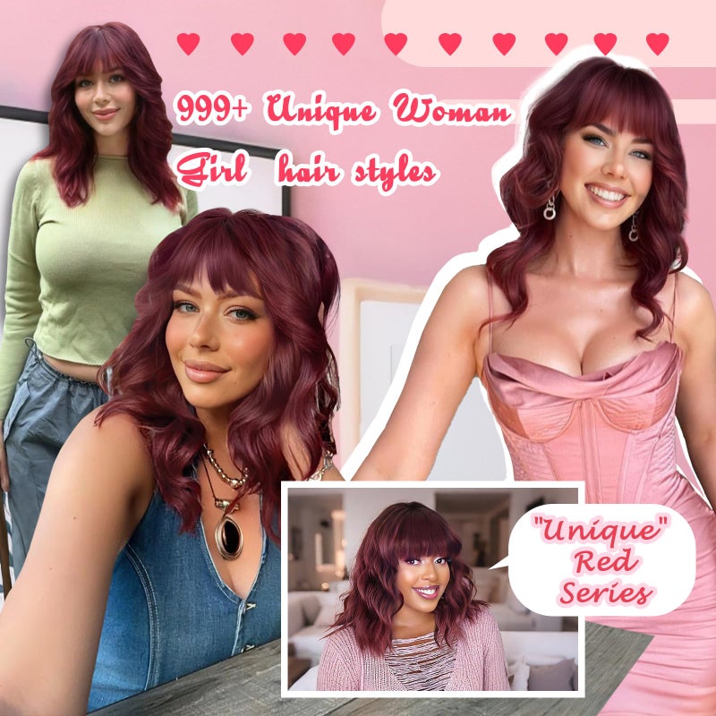Nnzes Bob Curly Wig Synthetic Short Wine Red Wig with Bangs Natural Looking Heat Resistant Fiber Hair for Women - Image 5